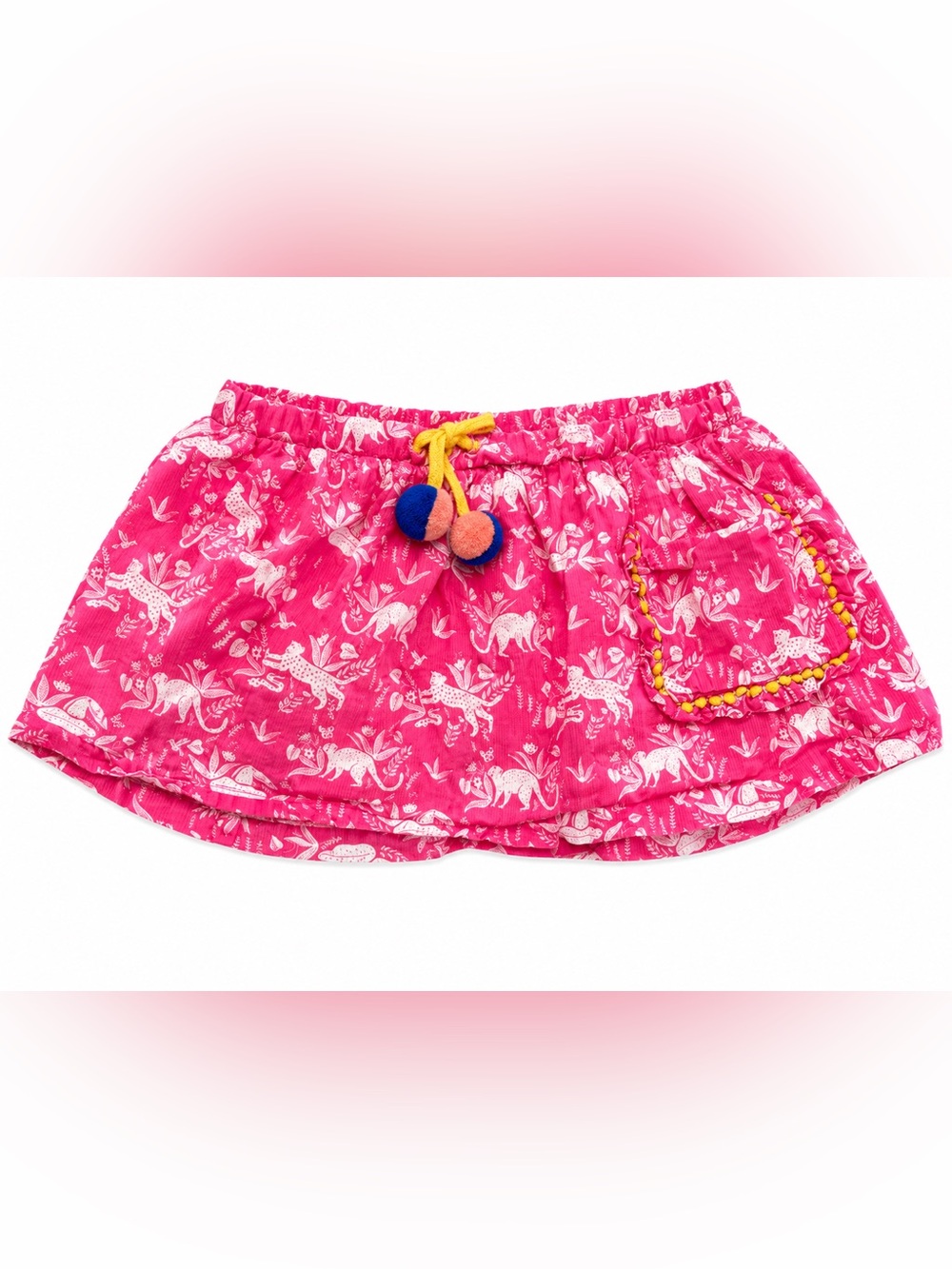 Mini Boden Pink Dinosaur Print Skirt with Pom Pom Tie